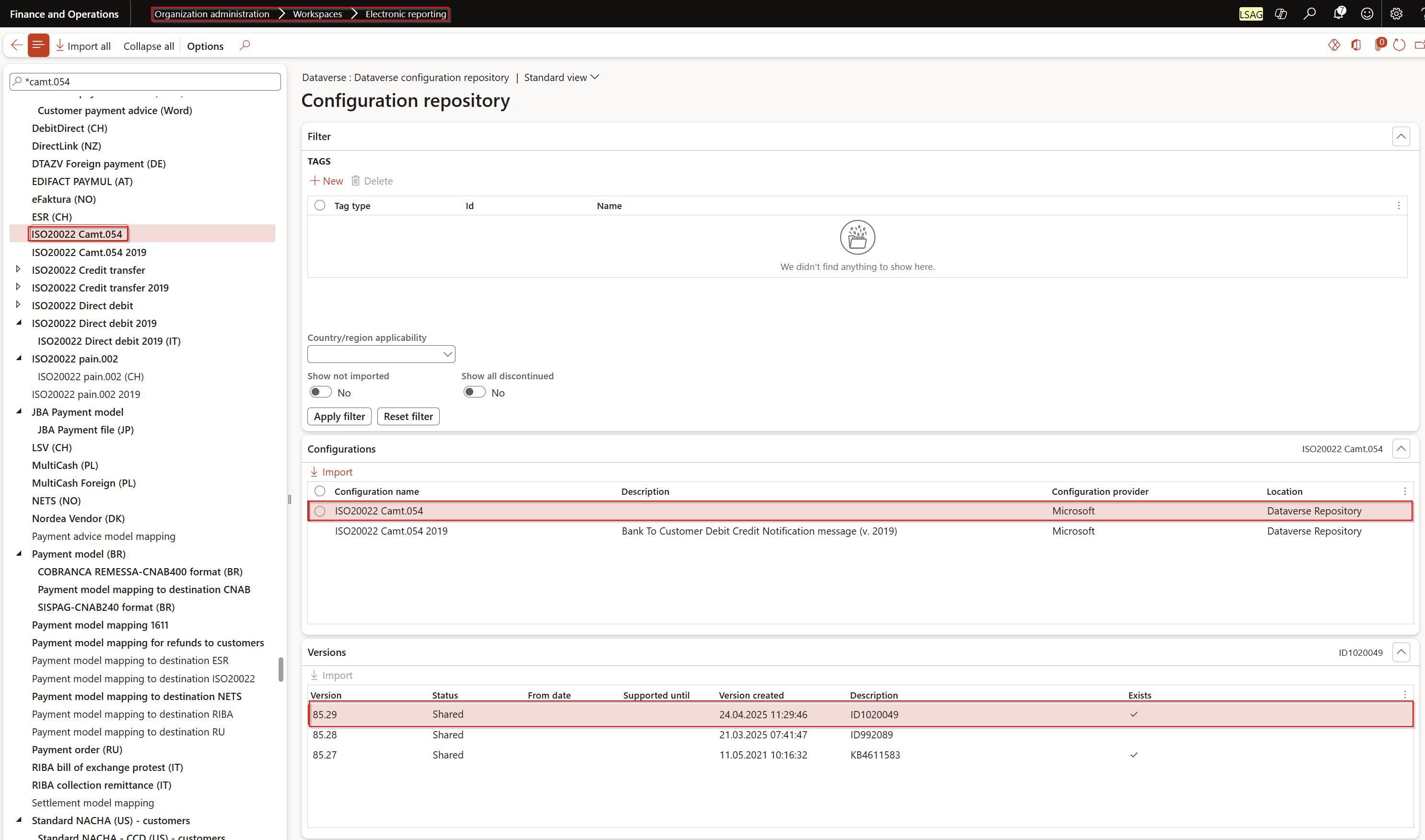 Import format configuration mit Auswahl ISO20022 Camt.054