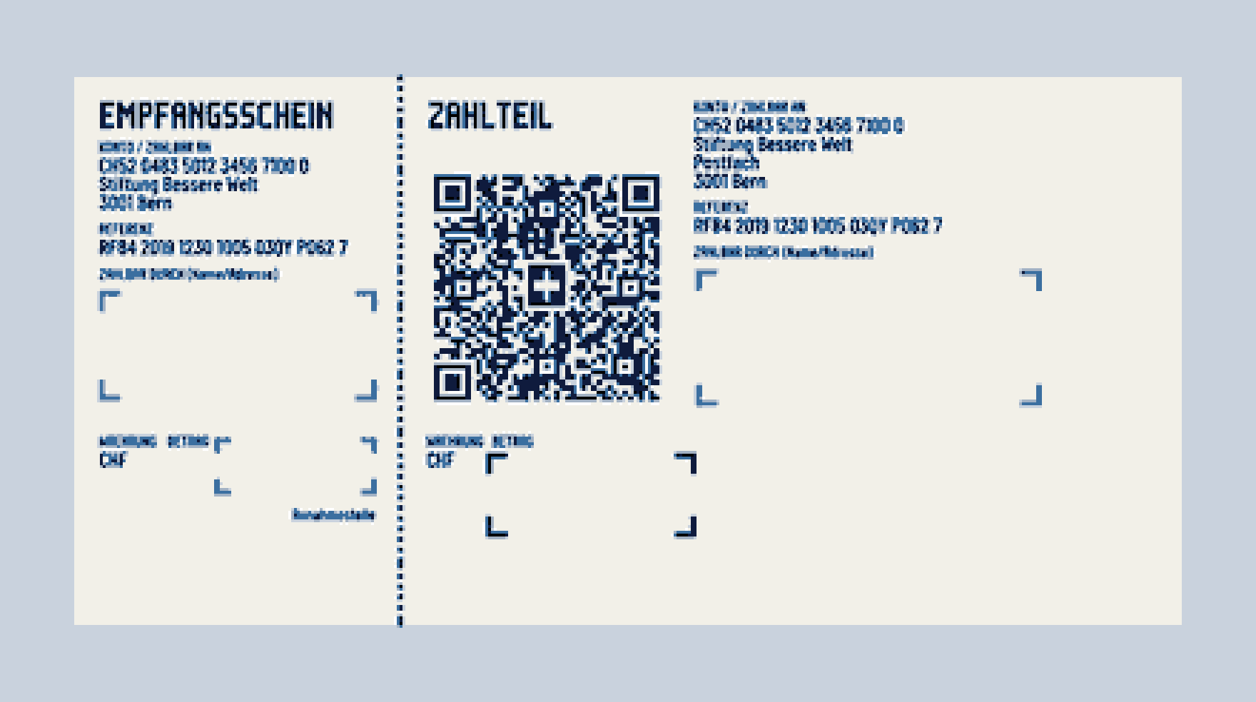 Pixel-art illustration of a Swiss QR-Bill payment slip with QR code, amount fields and bank icon