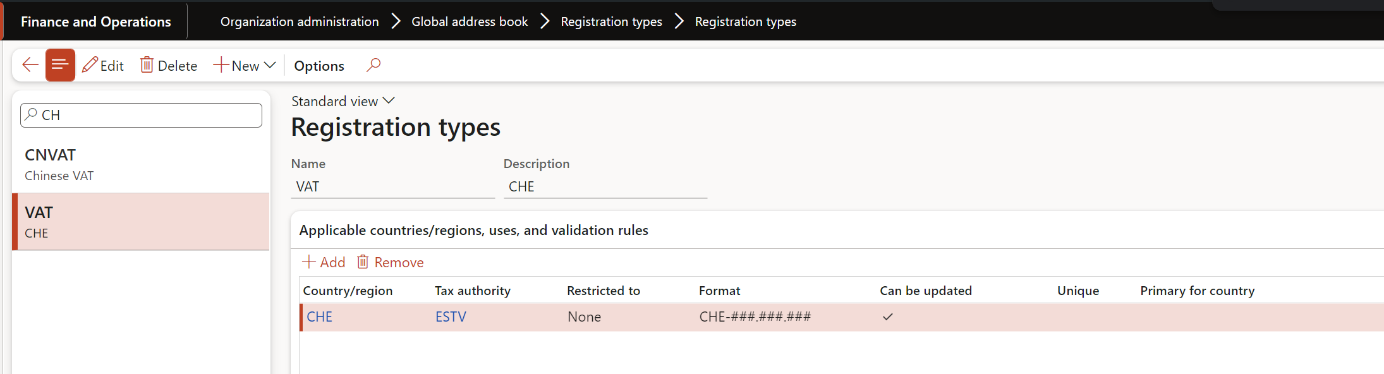 Registration types Einrichtung