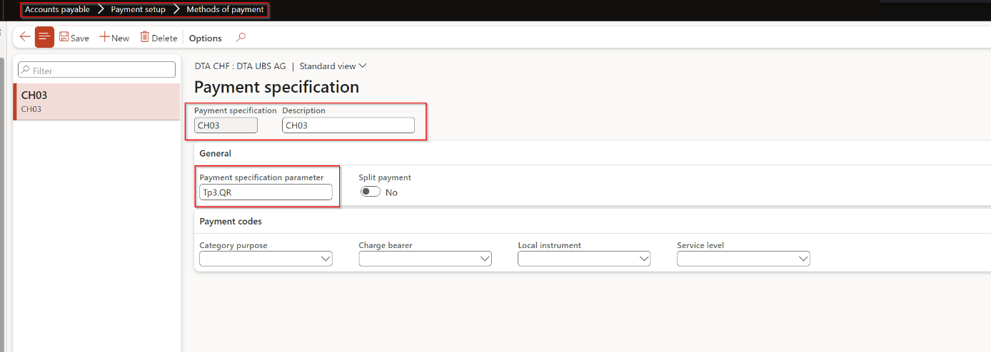 Payment specification mit Wert Tp3.QR
