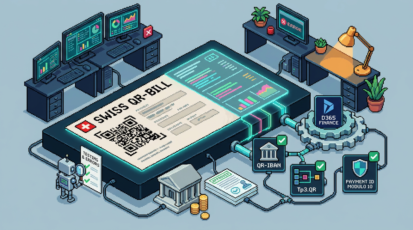 Pixel-art illustration of a Swiss QR-Bill payment slip with QR code, amount fields and bank icon